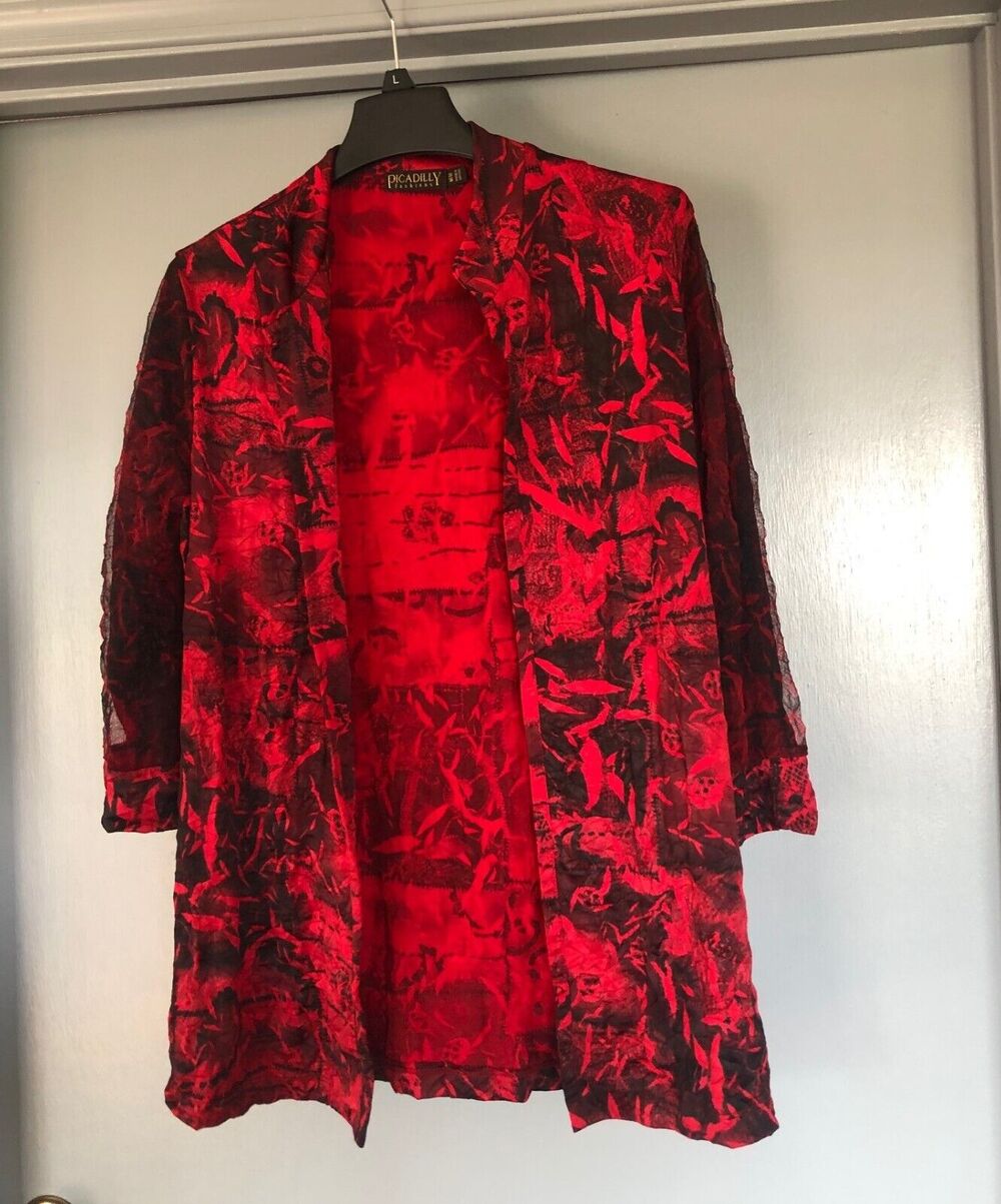 Picadilly Fashions womens open red black cardigan 3/4 lined lace sleeves Medium